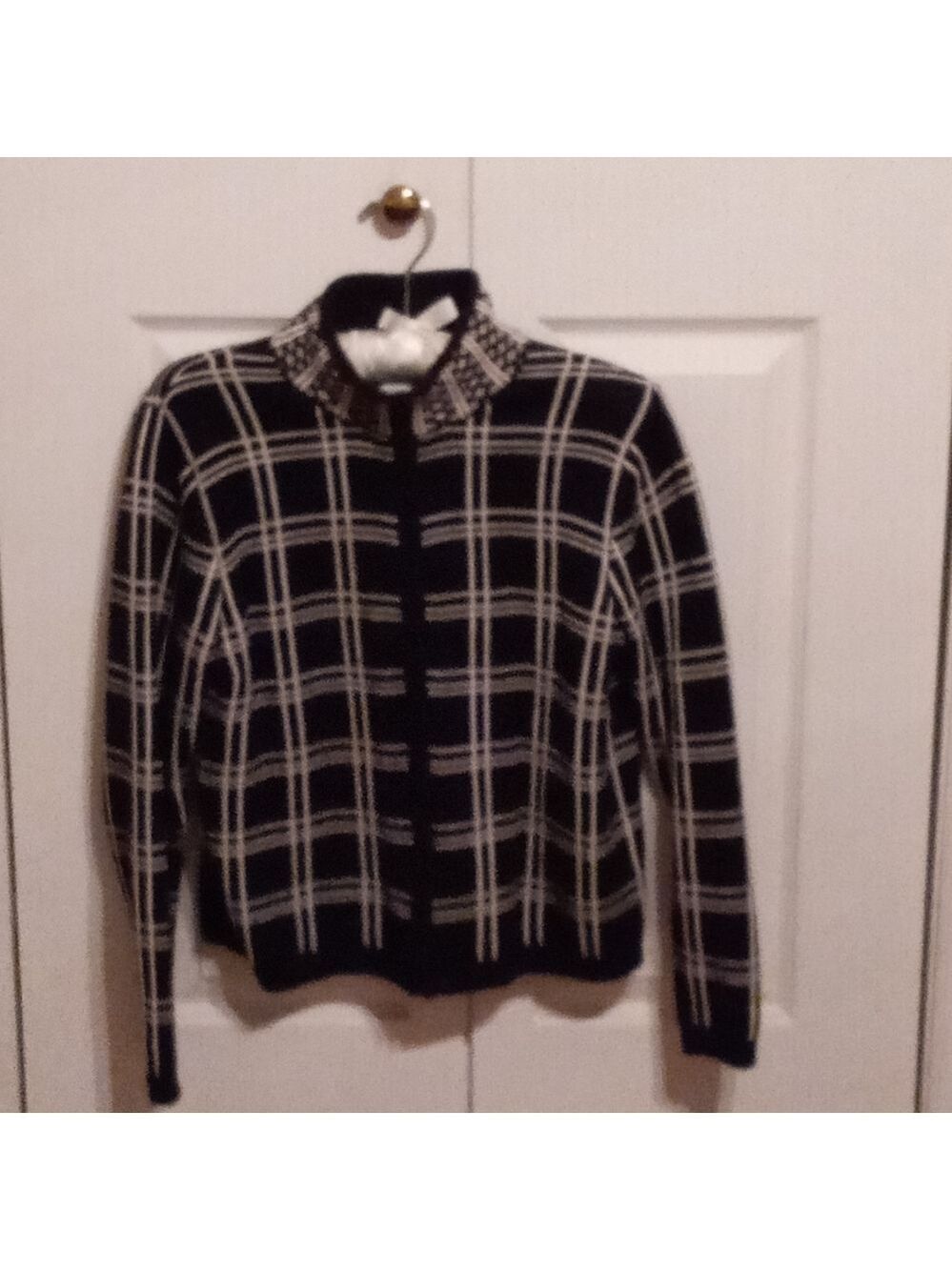 Vintage Talbots Petites Windowpane Check Cotton Zip-Front Cardigan